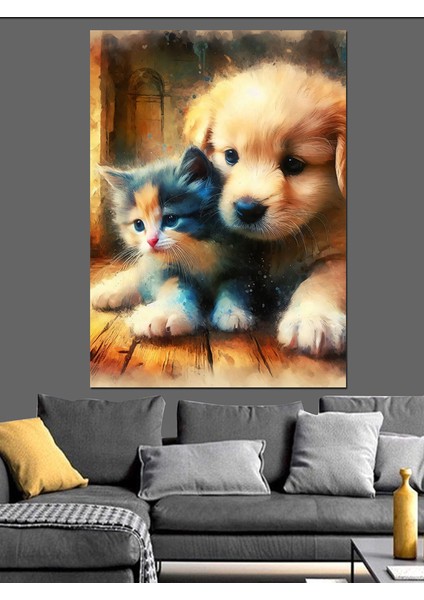 Yavru Köpek ve Kedi Dekoratif Kanvas - Mdf Ahşap Tablo