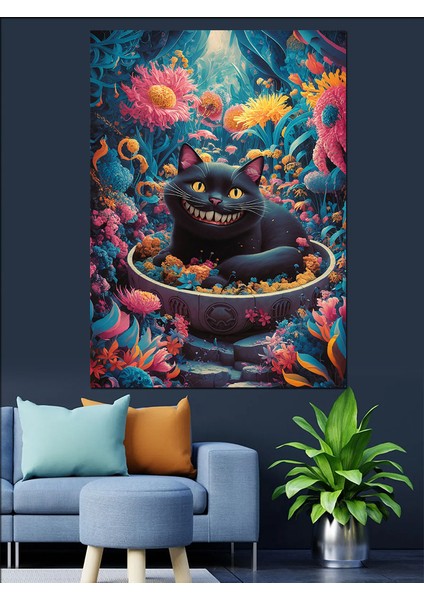 Sen Siyah Kedi ve Çiçekler Dekoratif Kanvas - Mdf Ahşap Tablo