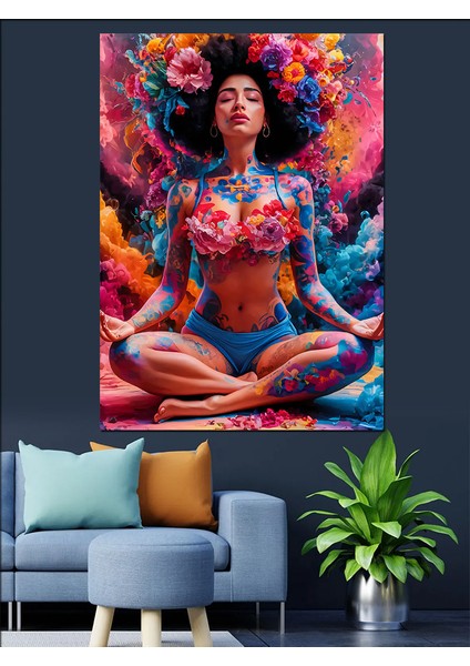 Dövmeli ve Çiçekli Kadın Dekoratif Kanvas - Mdf Ahşap Tablo