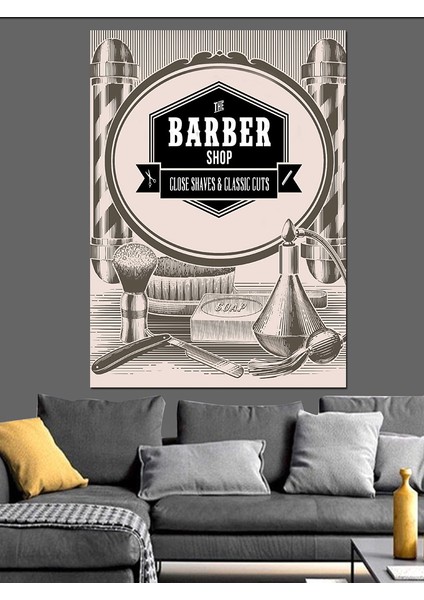 Berber Dükkanı Temalı Dekoratif Kanvas - Mdf Ahşap Tablo