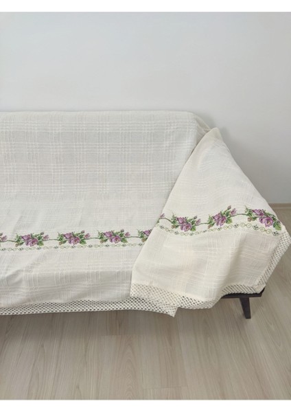 350 cm Kanaviçeli Çekyat Koltuk Örtüsü Mor Kanaviçe Işlemeli Kaneviçeli Buldan Işi Kanepe Örtü