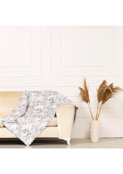 Mavi Sütlü Kahve Renkli Gül Desen Dokuma Kadife Dijital Baskılı Standart Koltuk Şalı