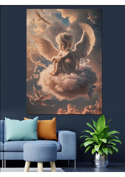Bulutların Üstünde Çocuk Melek Dekoratif Kanvas - Mdf Ahşap Tablo