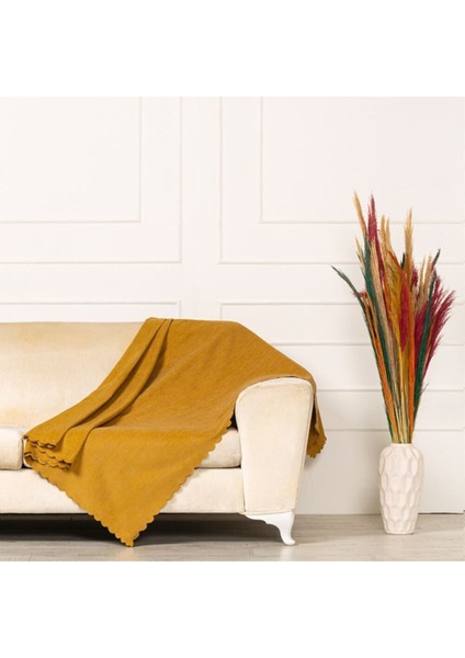 Hardal Dokuma Kadife Şönil Düz Kumaş Çift Taraflı Koltuk Şalı Örtüsü Maxi Set (3+3+1+1)