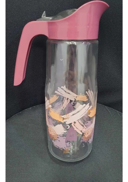 London Keep Life Healthy Glassware Seri Koyu Pembe 1,5lt Sürahi Bas Aç Kapaklı Cam Desenli 1 Adet