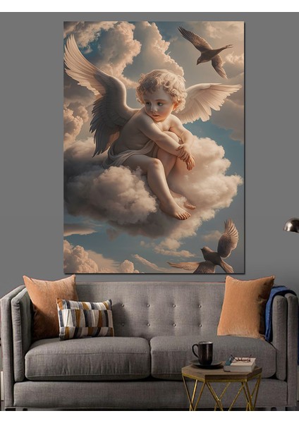 Çocuk Melek Bulutların Üstünde Dekoratif Kanvas - Mdf Ahşap Tablo