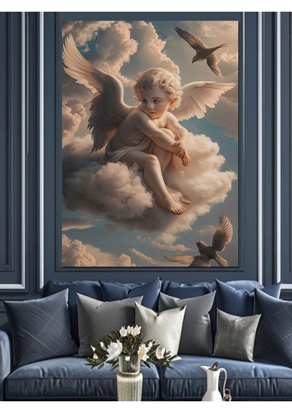 Çocuk Melek Bulutların Üstünde Dekoratif Kanvas - Mdf Ahşap Tablo fırsatları
