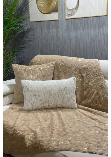 Peluş Varaklı Koltuk Şalı -Sütlü Kahve