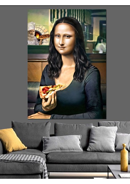 Pizza Yiyen Mona Lisa Dekoratif Kanvas - Mdf Ahşap Tablo