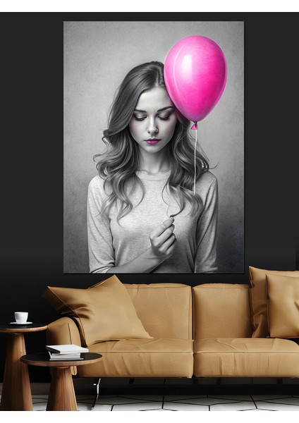 Pembe Balonlu Kız Dekoratif Kanvas - Mdf Ahşap Tablo