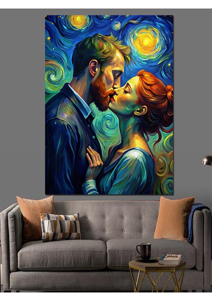 Van Gogh Tarzında Öpücük Dekoratif Kanvas - Mdf Ahşap Tablo