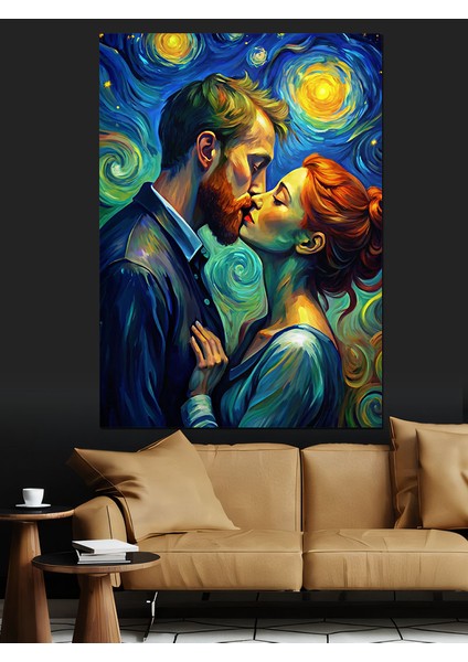 Van Gogh Tarzında Öpücük Dekoratif Kanvas - Mdf Ahşap Tablo