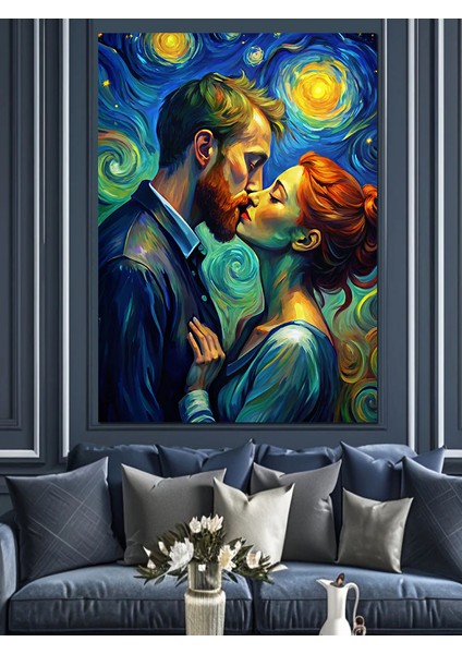 Van Gogh Tarzında Öpücük Dekoratif Kanvas - Mdf Ahşap Tablo