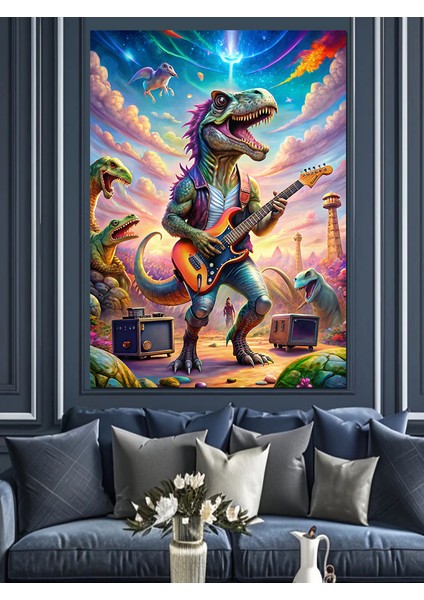 Elektro Gitar Çalan Dinozor Dekoratif Kanvas - Mdf Ahşap Tablo fiyatları
