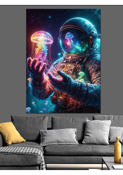 Astronot ve Denizanası Dekoratif Kanvas - Mdf Ahşap Tablo