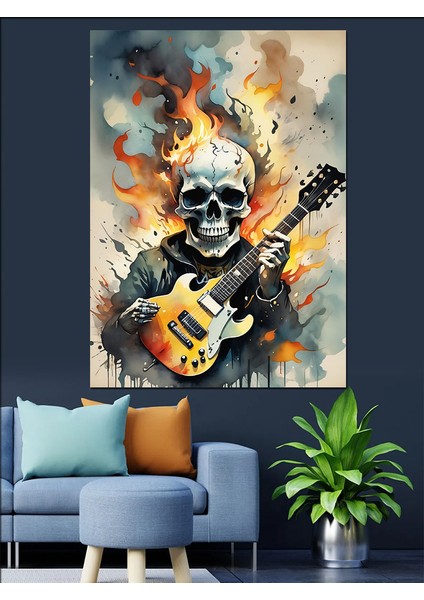 Elektro Gitar Çalan Iskelet Dekoratif Kanvas - Mdf Ahşap Tablo