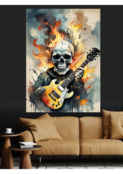 Elektro Gitar Çalan Iskelet Dekoratif Kanvas - Mdf Ahşap Tablo