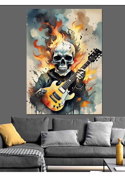 Elektro Gitar Çalan Iskelet Dekoratif Kanvas - Mdf Ahşap Tablo