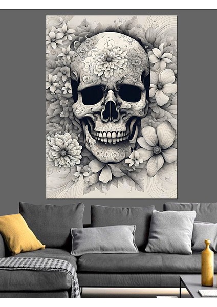 Çiçekli Kuru Kafa Dekoratif Kanvas - Mdf Ahşap Tablo