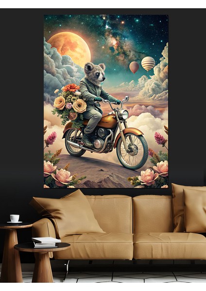 Retro Motosiklet Kullanan Koala Dekoratif Kanvas - Mdf Ahşap Tablo