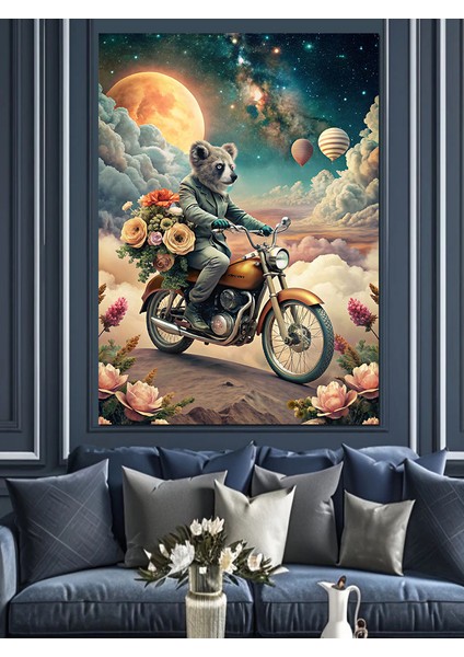 Retro Motosiklet Kullanan Koala Dekoratif Kanvas - Mdf Ahşap Tablo