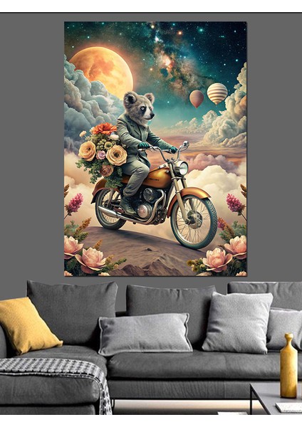 Retro Motosiklet Kullanan Koala Dekoratif Kanvas - Mdf Ahşap Tablo