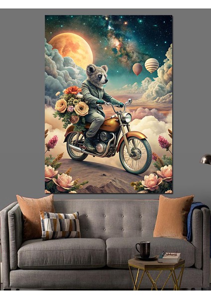 Retro Motosiklet Kullanan Koala Dekoratif Kanvas - Mdf Ahşap Tablo