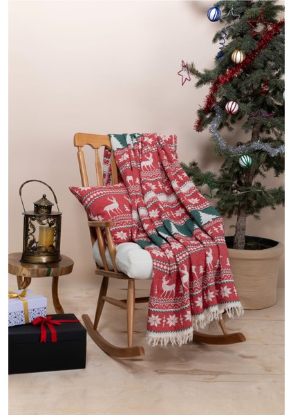 Mylasahome %100 Pamuk Yılbaşı Desenli Çok Amaçlı Koltuk Şalı 130 x 170 (Kırlentsiz)