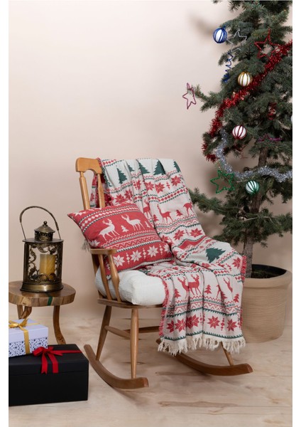 Mylasahome %100 Pamuk Yılbaşı Desenli Çok Amaçlı Koltuk Şalı 130 x 170 (Kırlentsiz)