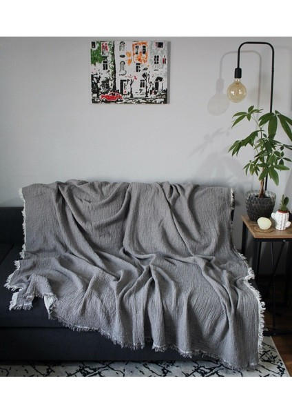 4 Katlı 4 Kenarı Saçaklı Muslin Koltuk Örtüsü / Tv Battaniyesi / Battaniye 230 x 250
