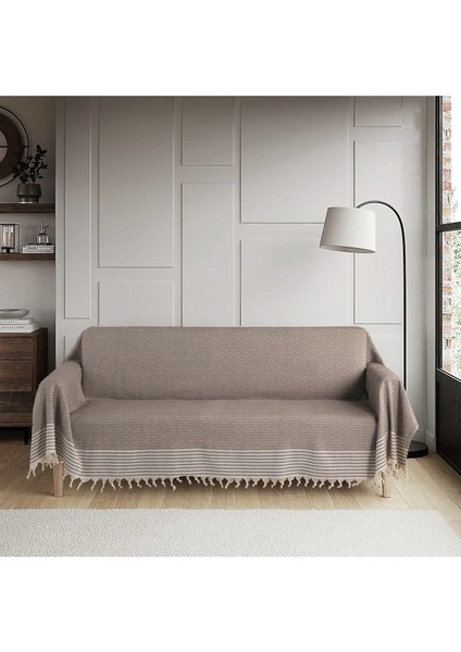 Natural Buldan Işi Kolları Örten Kanepe Çekyat Koltuk Örtüsü 180X300 Büyük Boy Pamuk Dokuma -Kahve