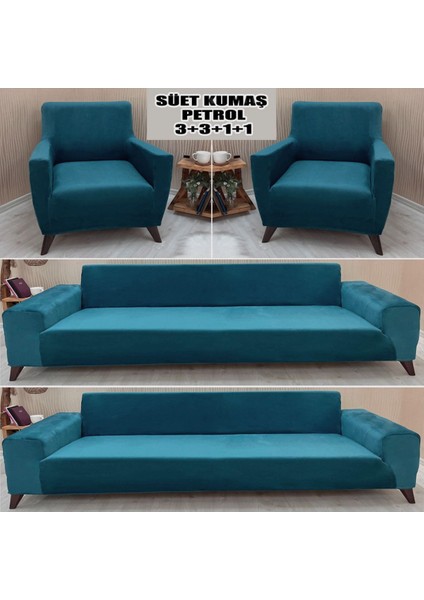 Süet Detaylı Angora Kumaş 2 Adet Üçlü & Çekyat- 2 Adet Tekli Set Koltuk Kılıfı