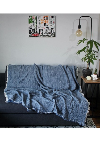 4 Katlı 4 Kenarı Saçaklı Muslin Koltuk Örtüsü / Tv Battaniyesi / Battaniye 230 x 250