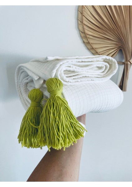 Beyaz Muslin Örtü 2 Püsküllü Koltuk Örtüsü 100 % Pamuk Örtü