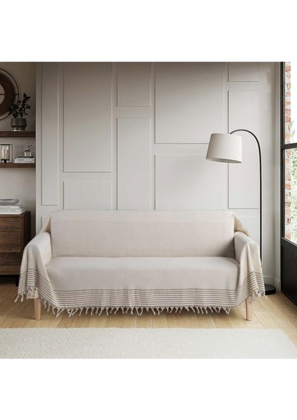 Natural Buldan Işi Kolları Örten Kanepe Çekyat Koltuk Örtüsü 180X300 Büyük Boy Pamuk Dokuma-Krem