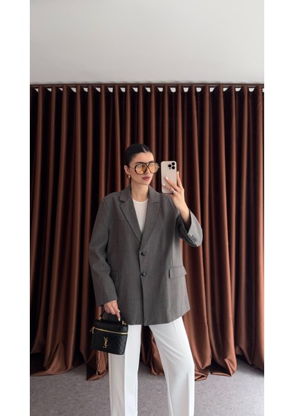 Ekoseli Oversize Gri Ceket