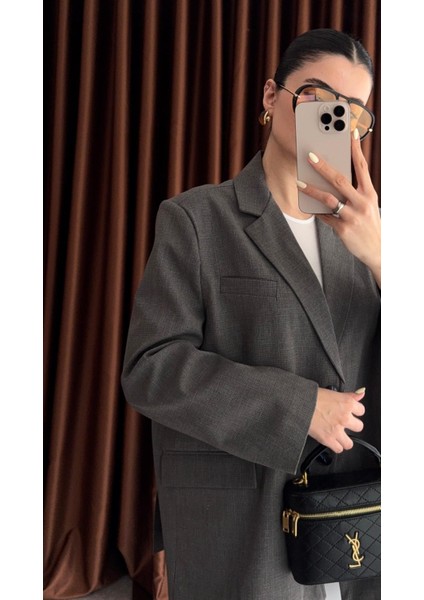Ekoseli Oversize Gri Ceket