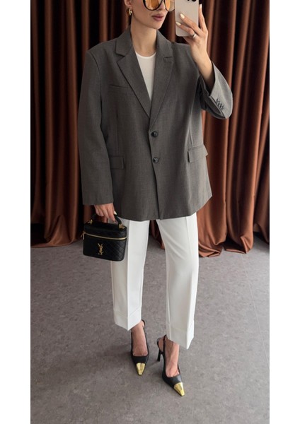 Ekoseli Oversize Gri Ceket