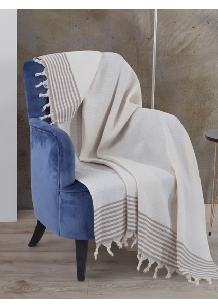 Bergama Ekru Tekli Koltuk Berjer Örtüsü 150 x 180 cm Kanepe Divan Çekyat Örtüsü Pamuklu Püsküllü