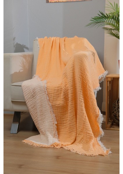 Müslin 4 Katlı Koltuk Şalı Tv Battaniyesi 130 x 190 cm Çift Renk Sarı Ekru