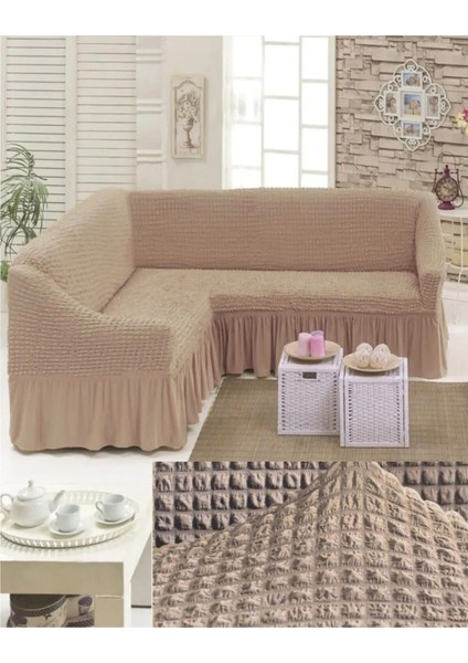 Bürümcük Kumaş, Etekli L Köşe Koltuk Örtüsü. 1 Adet Esnek, Lastikli, Süngerli L Koltuk Kılıfı