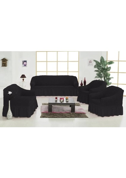 Bürümcük Kanepe Divan Koltuk Örtüsü Siyah Renk Maxi Takım 3+3+1+1 Esnek Lastıklı Çekyat Takımı Kılı