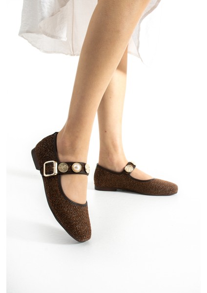 Kraki Kilim Kumaş Yuvarlak Burun Aksesuarlı Kadın Babet modelleri