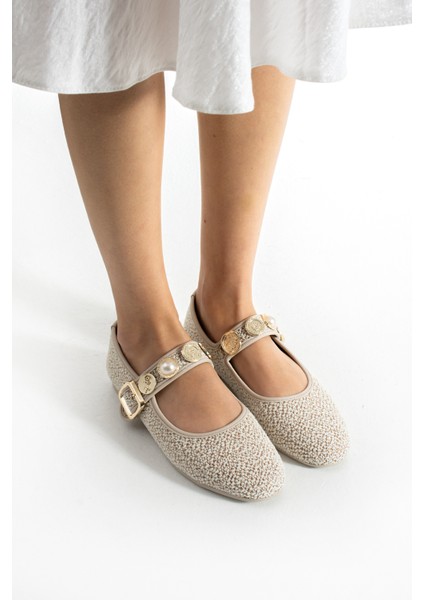 Kraki Kilim Kumaş Yuvarlak Burun Aksesuarlı Kadın Babet fırsatları