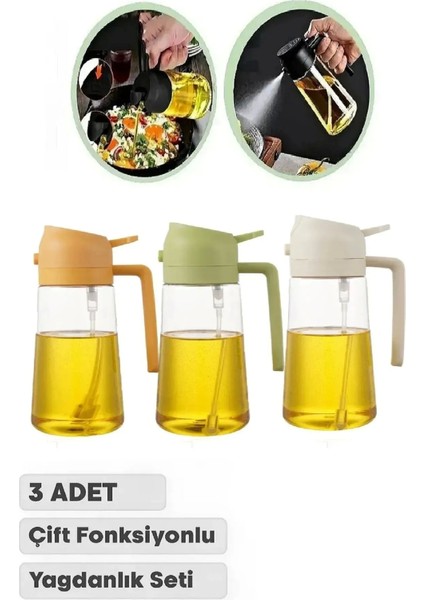 3 Adet Çift Fonksiyonlu Yağdanlık 450ML Zeytinyağı Sıvıyağ Cam Şişe Sprey Airfryer Yağlık Sirkelik