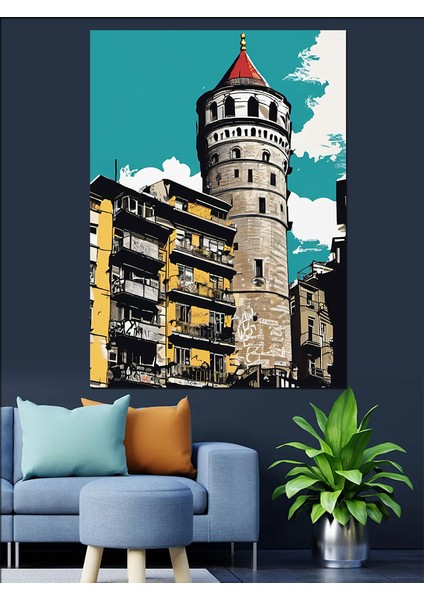 Istanbul Galata Kulesi Çizimi Dekoratif Kanvas - Mdf Ahşap Tablo