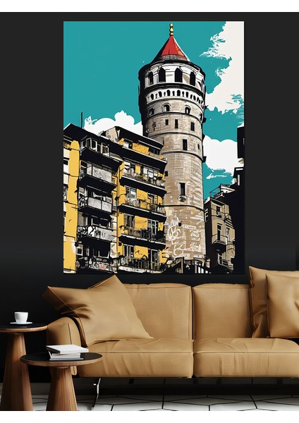 Istanbul Galata Kulesi Çizimi Dekoratif Kanvas - Mdf Ahşap Tablo fiyatları