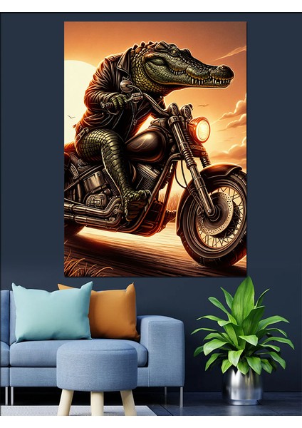 Motorcu Timsah Dekoratif Kanvas - Mdf Ahşap Tablo fiyatları