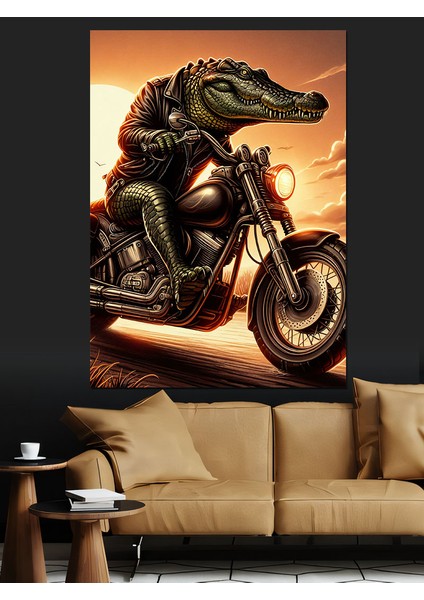 Motorcu Timsah Dekoratif Kanvas - Mdf Ahşap Tablo modelleri