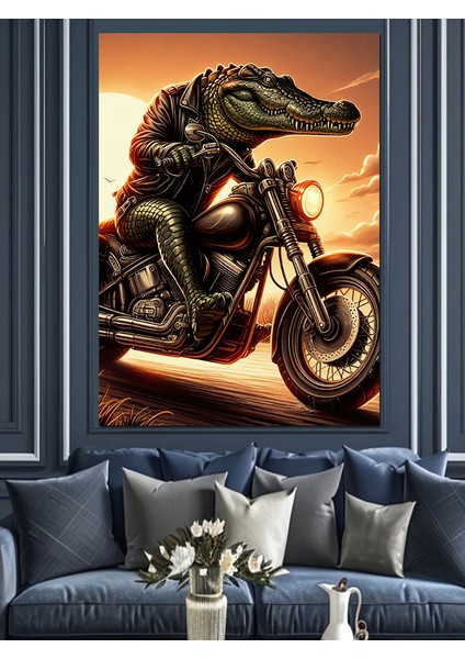Motorcu Timsah Dekoratif Kanvas - Mdf Ahşap Tablo fırsatları